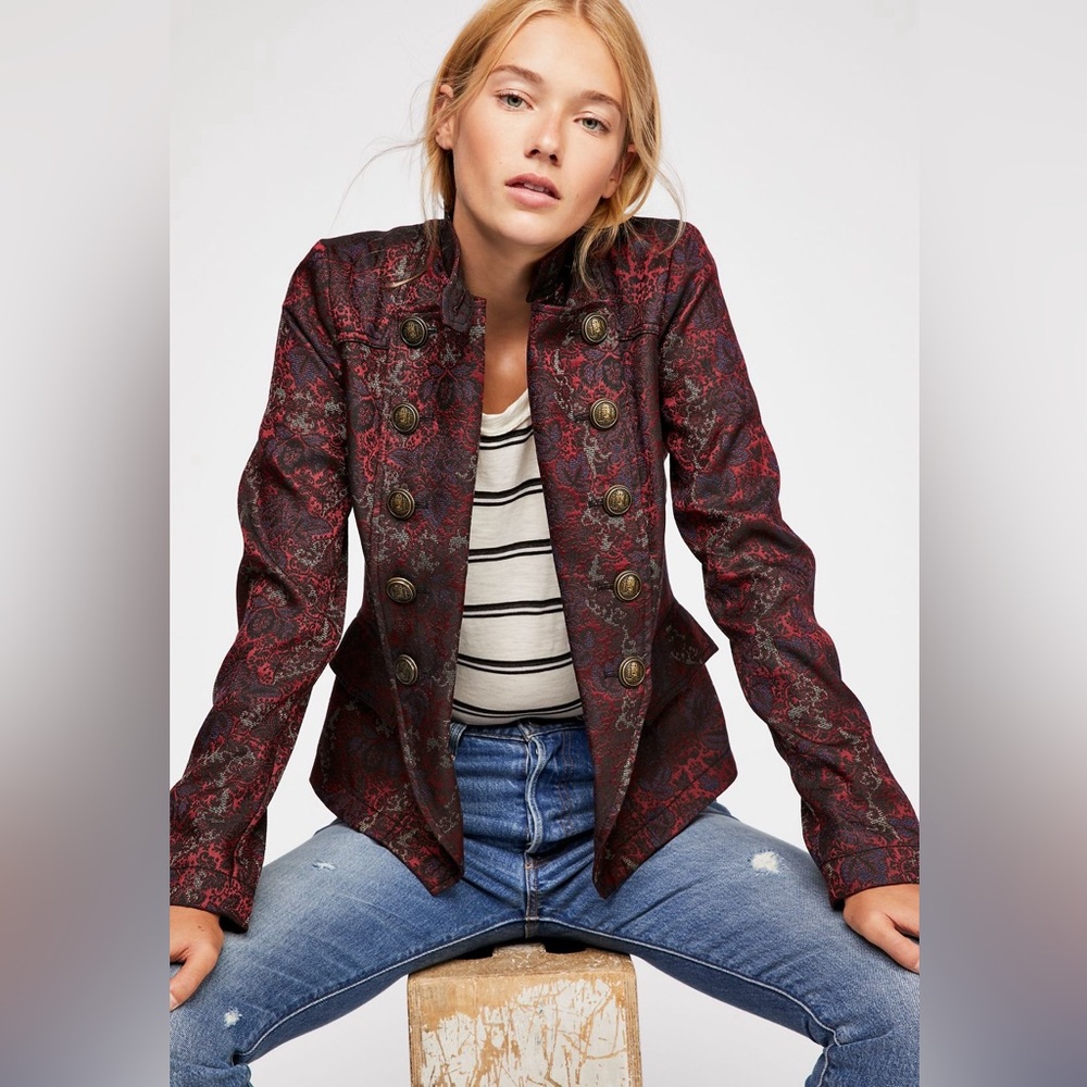 Free People Red and Black Brocade Blazer